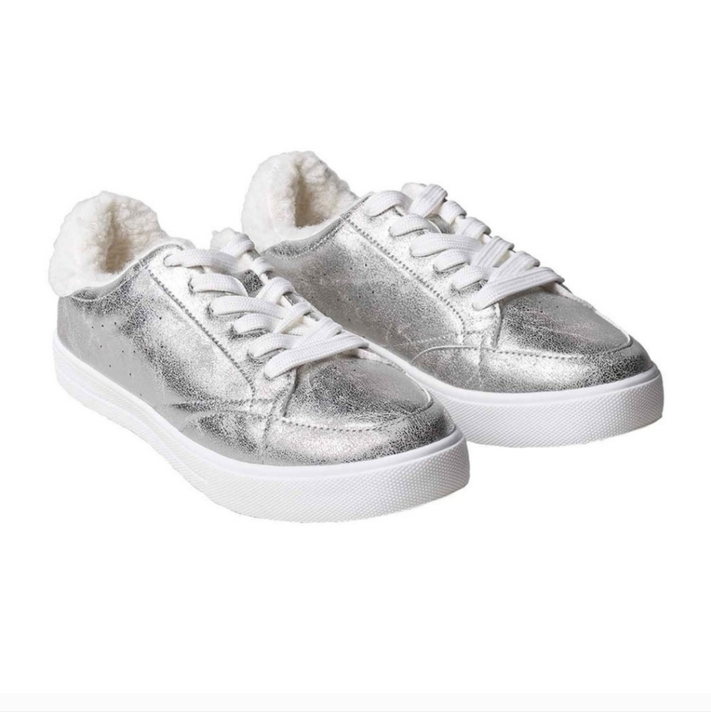 Silver Metallic Distressed Sneakers with Faux Fur Lining 10